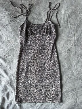 Tie-Shoulder Leopard Print Mini Dress in Beige and Black